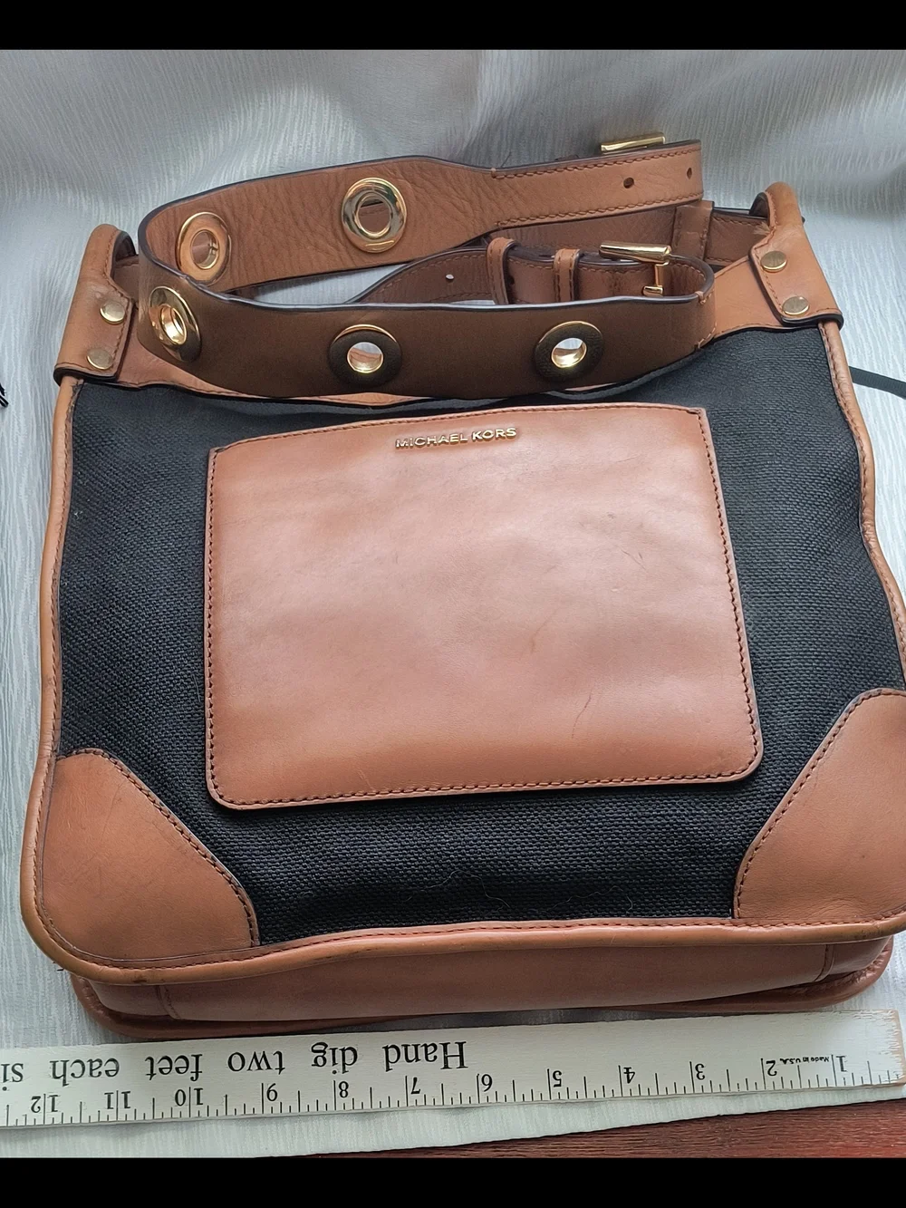 Michael Kors Tan and Black Leather-Trim Shoulder Bag
